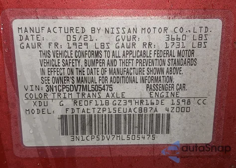 2021 Nissan Kicks Sr Xtronic Cvt from USA, damaged, VIN 3N1CP5DV7ML505475